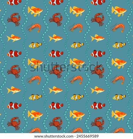 Pattern with fish and sea animals.Vector seamless pattern with sea animals and fish on a colored background with bubbles.