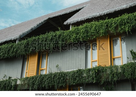 A building with a yellow exterior and green leaves growing up the side of the building