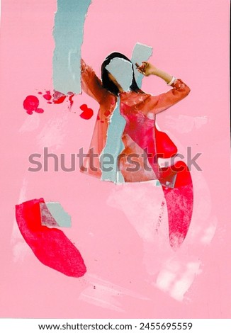 cute feminine collage on a pink background girl stretches her arms. High quality photo