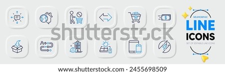 Moving service, Sms and Journey path line icons for web app. Pack of Money transfer, Stop shopping, Electric energy pictogram icons. Remove purchase, Sync, Work home signs. Solar panel. Vector