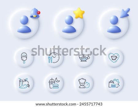 Love coffee, Food delivery and Ice cream line icons. Placeholder with 3d cursor, bell, star. Pack of Food time, Juice, Cold coffee icon. Night eat, Chef pictogram. For web app, printing. Vector Royalty-Free Stock Photo #2455717743