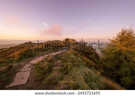 Golden hour sunrise at The Roaches in the Staffordshire Peak District National Park, England, UK.
