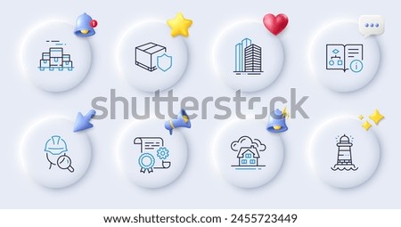 Skyscraper buildings, Boxes pallet and Construction document line icons. Buttons with 3d bell, chat speech, cursor. Pack of Technical algorithm, Lighthouse, Building icon. Vector