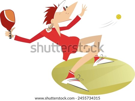 Cartoon woman playing pickleball.
Cartoon woman plays pickleball. Isolated on white background
