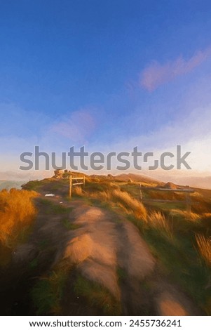 Digital oil painting of a golden hour sunrise at The Roaches in the Staffordshire Peak District National Park, England, UK.