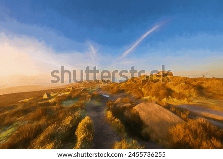 Digital oil painting of a golden hour sunrise at The Roaches in the Staffordshire Peak District National Park, England, UK.
