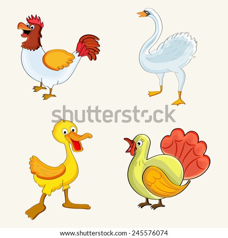 Set of cute cartoons of colorful birds like hen, swan, duck and turkey on beige background.