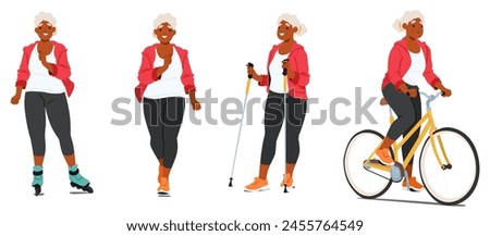 Elderly Woman in Sportswear Enjoying Various Outdoor Sports Activities and Recreation, Wheeling On Rollerblades, Jogging, Hiking with Poles And Riding A Bike. Cartoon People Vector Illustration