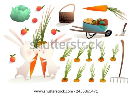 Rabbits or bunnies farmers couple harvesting vegetables carrots and kissing. Gardening and farming clip art collection for kids with cute rabbits characters. Vector isolated clip art for children.