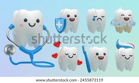 3D tooth. Teeth dentist icons. Smile dental character. Happy dentistry or dent care. Cheerful or sad faces. Molar cleaning with toothpaste and toothbrush. Vector stomatology mascots set