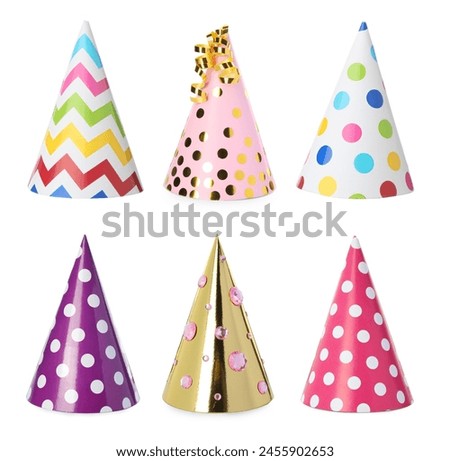Colorful party hats isolated on white, set