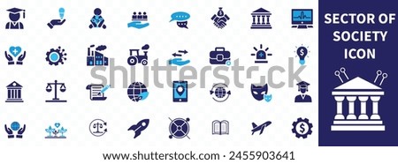 Sector of society icon set. Containing agriculture, education, healthcare, energy, technology, transportation, arts, justice and more. Solid vector icons collection. Royalty-Free Stock Photo #2455903641