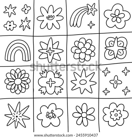Simple cute flowers in doodle style on checkered background. Vector hand drawn black and white drawing for coloring. Botanical hand drawn sketch in grid. Flower clip art for  coloring book.