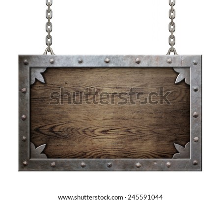 wood medieval sign with metal frame isolated
