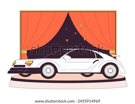 Luxury car showroom 2D linear cartoon object. Performing innovative automobile model isolated line vector element white background. Vehicle exposition for buyers color flat spot illustration