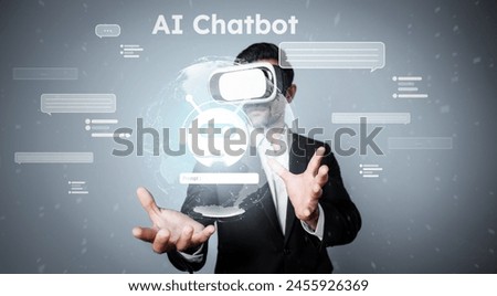 Caucasian business man using chat bot to support and assistant performance. Skilled investor using VR goggle while connecting in metaverse and visual reality world. Technology innovation. Deviation.