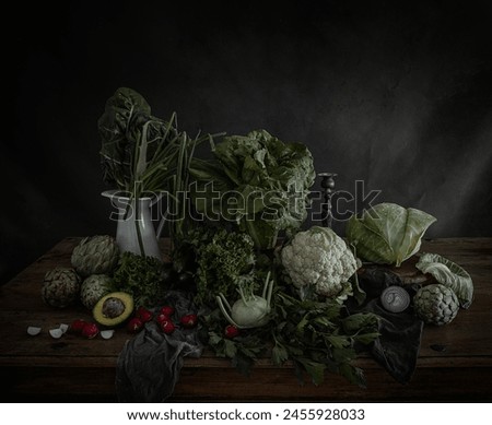 still life with green vegetables, leafy cabbage, artichoke lettuce leaves in the style of the old masters