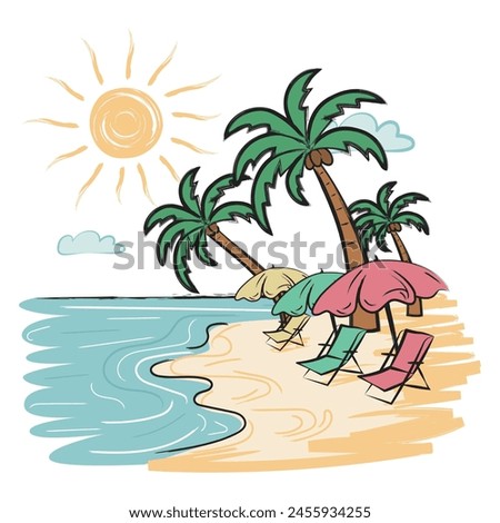 Beach on an island with coconut trees, spot for holidays, at the time of sunrise in artistic painting style. Vector illustration for tshirt, website, clip art, poster and print on demand merchandise.