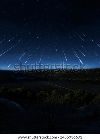 Meteor storm, sci-fi landscape. Falling meteorites over the valley, dreamy landscape.