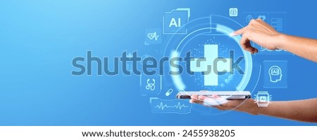Woman hand with phone and finger touch large cross and medical icons hologram, treatment and life insurance. Concept of AI robots for diagnosis in future. Copy space