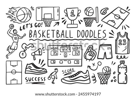 Basketball doodle elements set. basket sport ball, winner cup. Hand drawn sketch style. Vector illustration