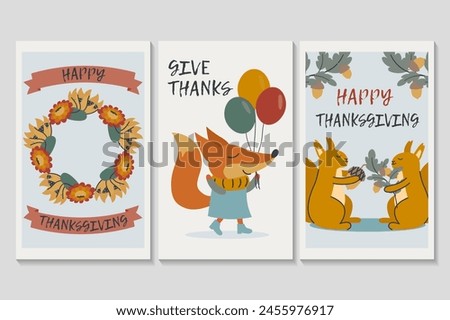 Happy Thanksgiving day set of posters in flat cartoon design. Three posters featuring pumpkins and animals holding various fall elements match perfectly together. Vector illustration.