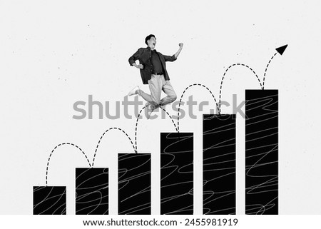 3D collage artwork sketch image of silhouette young confident man jump on career stairs up arrow show diretion motivated active worker