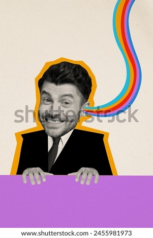 Composite trend artwork sketch image photo collage of silhouette young man manager appear table hold hand smile happy listen rainbow line Royalty-Free Stock Photo #2455981973