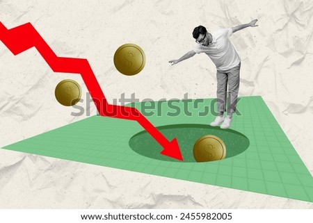 Creative picture image collage young balancing man checkered background dynamic arrow charts economy falling earnings crisis
