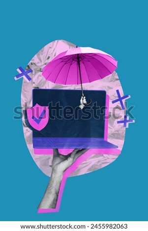 Sketch composite artwork photo collage of laptop computer hand hold protected system service umbrella shield cover device security data