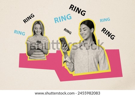 Trend artwork composite sketch image photo collage silhouette two young lady friend hold hand phone chat news ring call talk share news