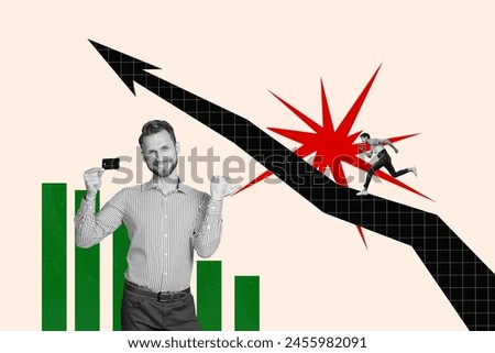 Trend artwork sketch photo collage of analyzing colleagues boss man hand hold bank card run on huge arrow up stats profit finance income