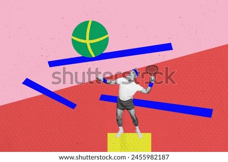 3D photo collage trend artwork sketch image of silhouette active sportive old man senior play tennis game hold in hand rocket game ball
