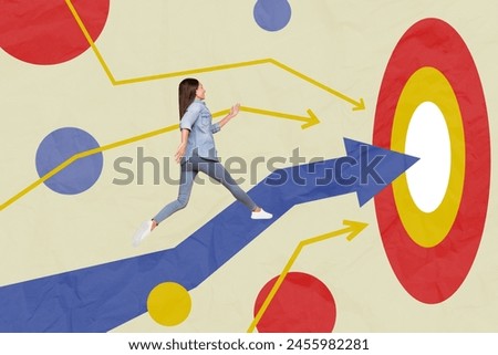 Composite photo collage trend artwork sketch image of confident woman walk up huge arrow show direction target goal geometric elements