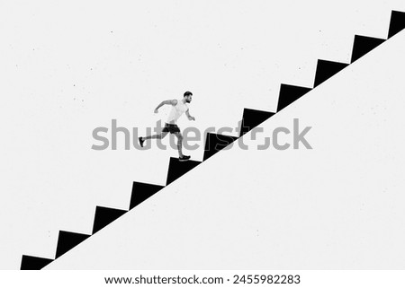 3D photo collage artwork sketch image of silhouette young sportive man run jump on stairs up high career promotion motivation success