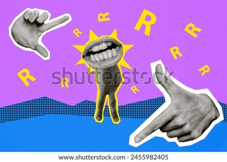 Sketch image composite trend photo collage of young character hand arm huge mouth stand finger like legs show gesture finger point choice