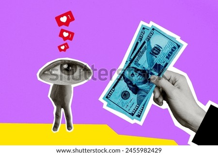 Sketch image composite trend collage of young character hand arm huge eye stand finger like leg show money banknote usd dollar like banner