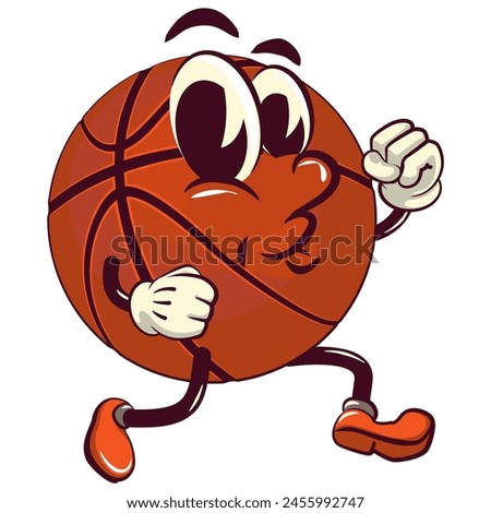 Basketball cartoon mascot jogging cheerfully, illustration character vector clip art work of hand drawn