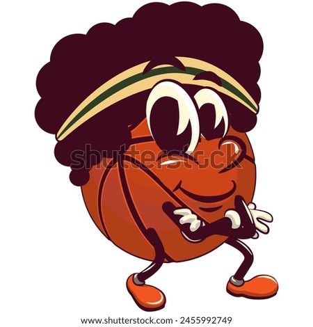 Basketball cartoon mascot with frizzy hair folding his arms calmly, illustration character vector clip art work of hand drawn