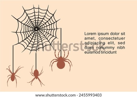 Spider in Web, Cobwebs, traditional Halloween decorative illustration. Editable vector illustration of spider hanging from web for poster, banner, flyer or greeting card. Blank to add text, eps 10.