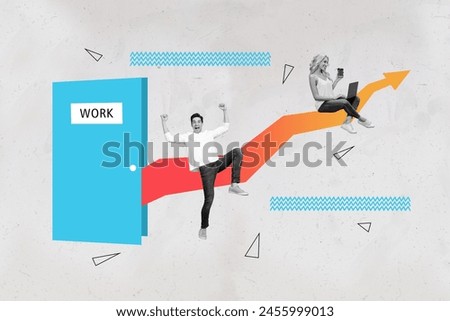 Trend artwork photo collage of silhouette two young colleagues lady man raise up career promotion door work open arrow show direction
