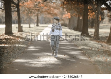 Fall. child walking away into the golden trees alley. Foliage with background of autumn trees landscape. maple leaves.