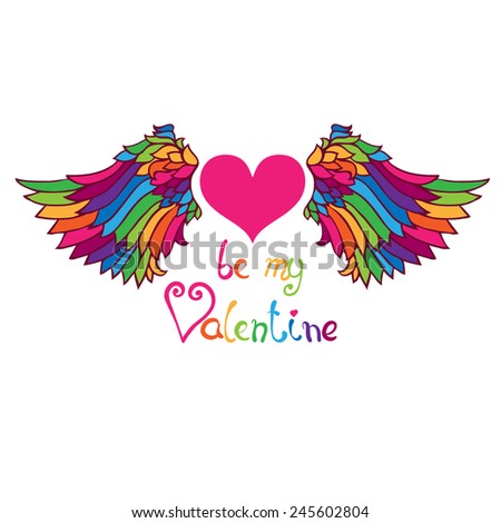 Bright rainbow colors winged heart.  Retro style vector illustration.  Can be used for valentine cards, greeting cards, invitations,  ornamental template for design and decoration, etc
