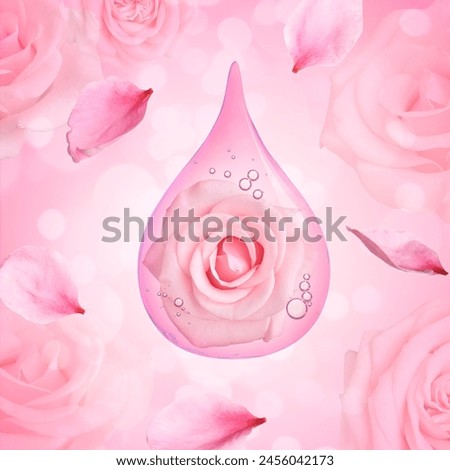 Drop of rose essential oil with flowers and petals on pink background, bokeh effect