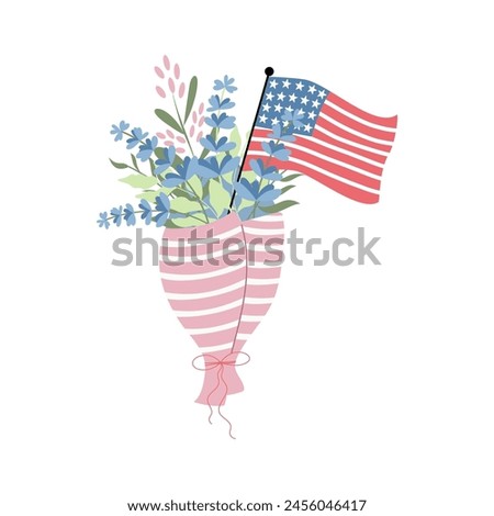 Handdrawn flower bouquet with american flag. Vector design on 4th of July.