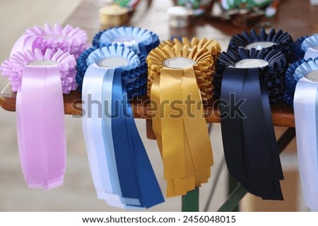 Group of beautiful colorful trophies and ribbons for the winners and participants at open air equestrian racehorse event       
