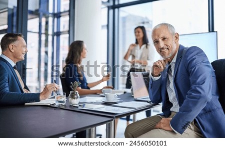 CEO, mature man and happy for presentation, meeting and employees in boardroom, together and discussion. Listening, boss and pitching of ideas by worker, brainstorming and editor in public relations