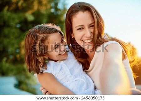 Family, selfie or smile with mother and daughter outdoor in garden of home together for bonding or memory. Happy, love or photograph with woman single parent and girl child having fun in backyard