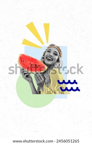 Vertical photo picture collage young cheerful woman holding watermelon yummy tasty food wavy seaside positive mood drawing background