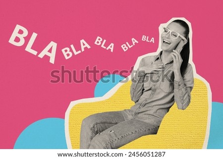 Composite trend artwork sketch image 3D photo collage of young lady sit armchair hold hand smartphone talk happy bla friendly smalltalk Royalty-Free Stock Photo #2456051287